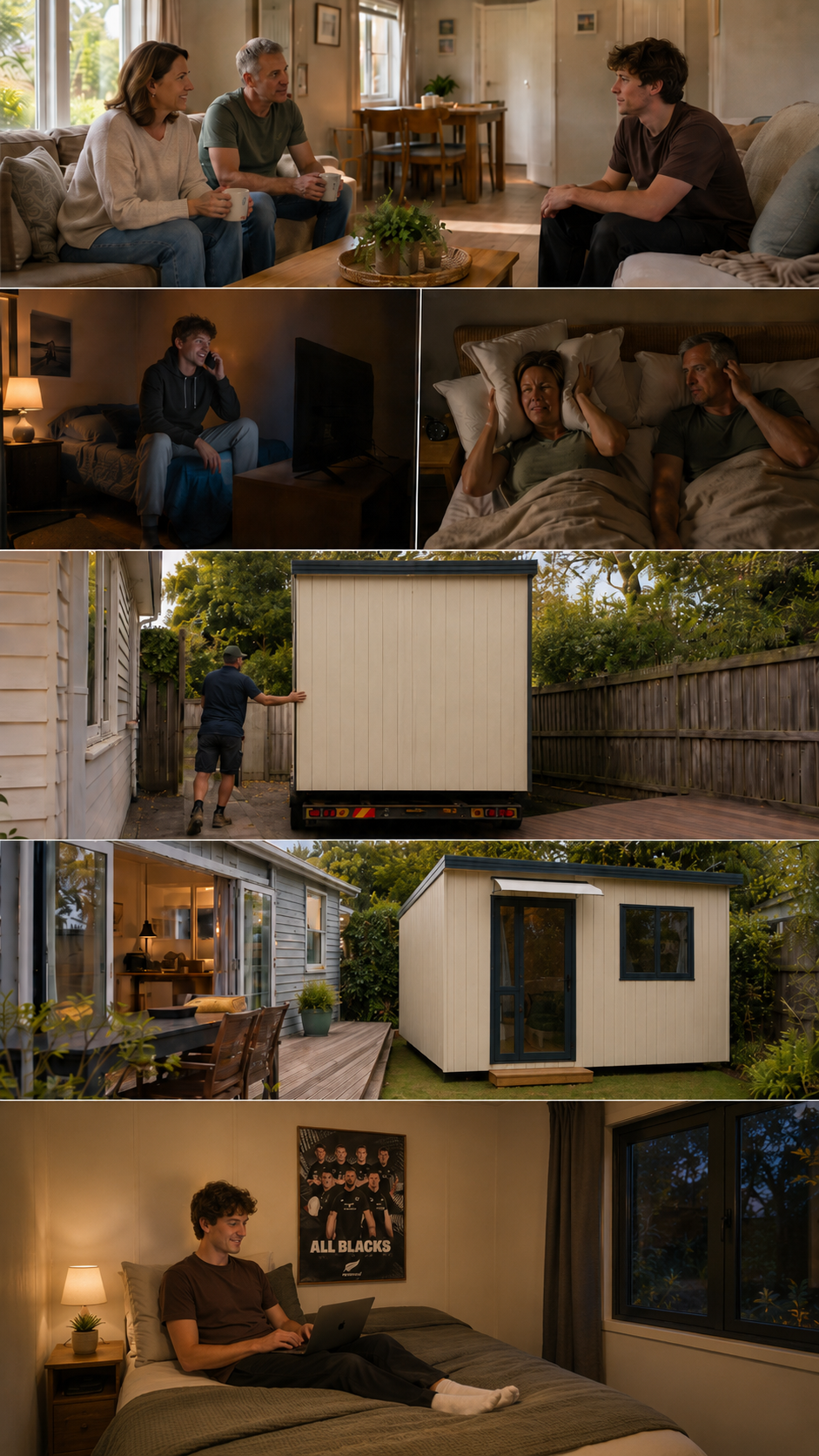 Cabin King portable workshop set up in a residential section during renovation, with Maxine working inside