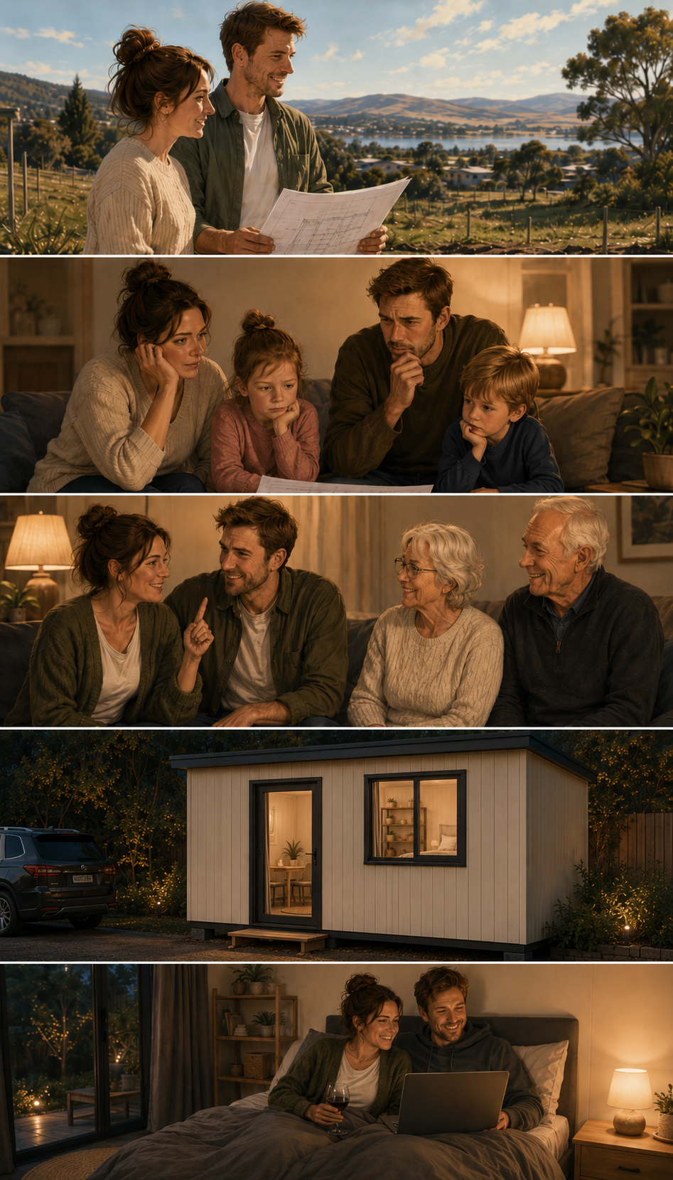 The Inter-Generational Retreat set up in a residential driveway, with Jo and Ben relaxing inside