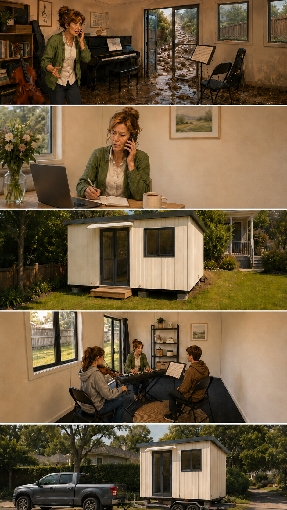 The Flood Recovery Studio set up in a residential garden, with Tracy teaching music lessons inside