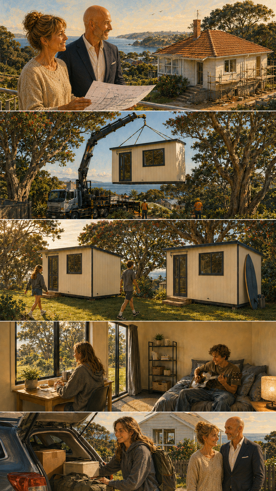 The Pohutukawa Youth Wing set up in a residential lawn, with one cabin on the left and one on the right
