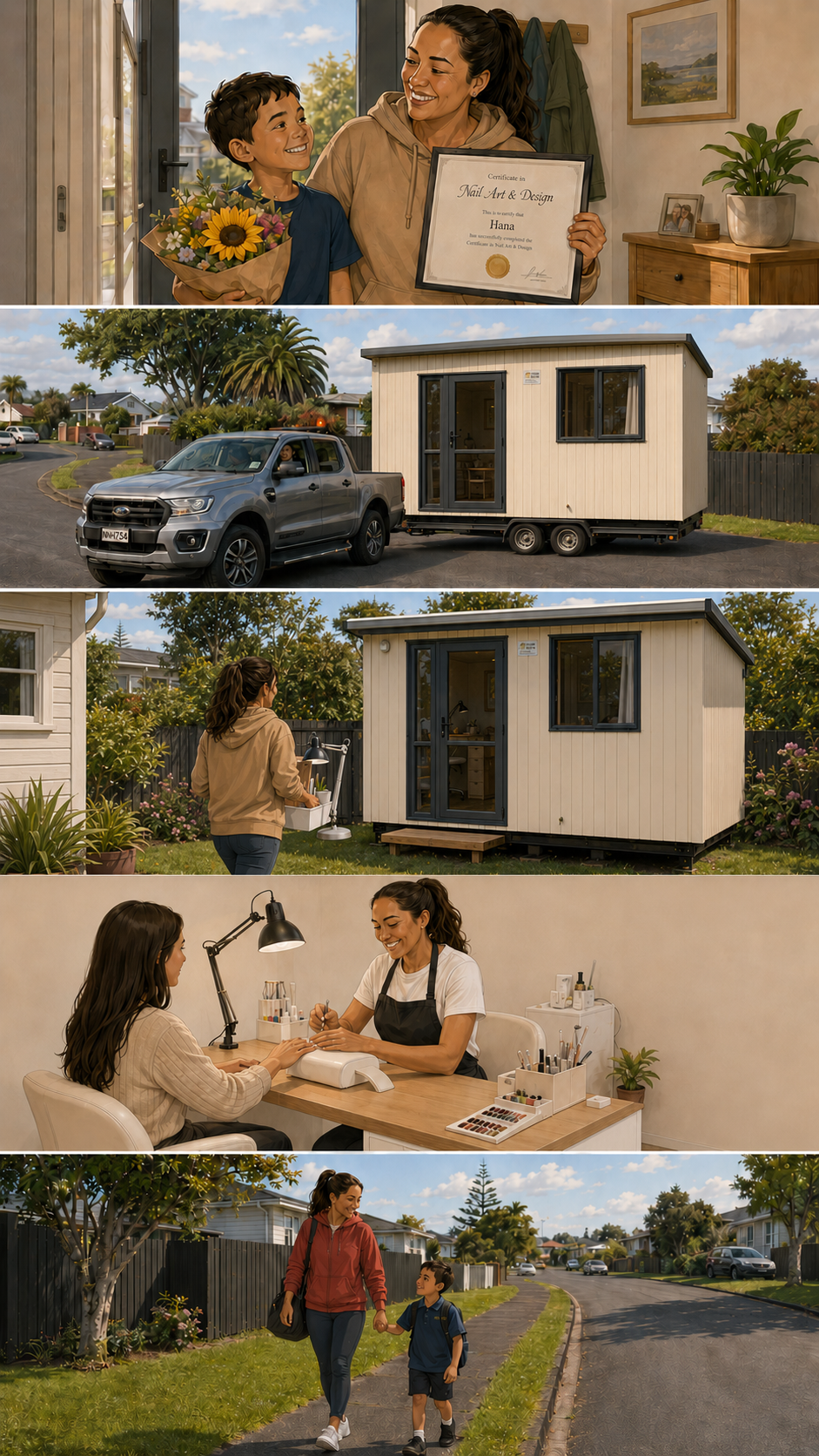 The School-Run Studio set up in a residential garden, with Hana working inside